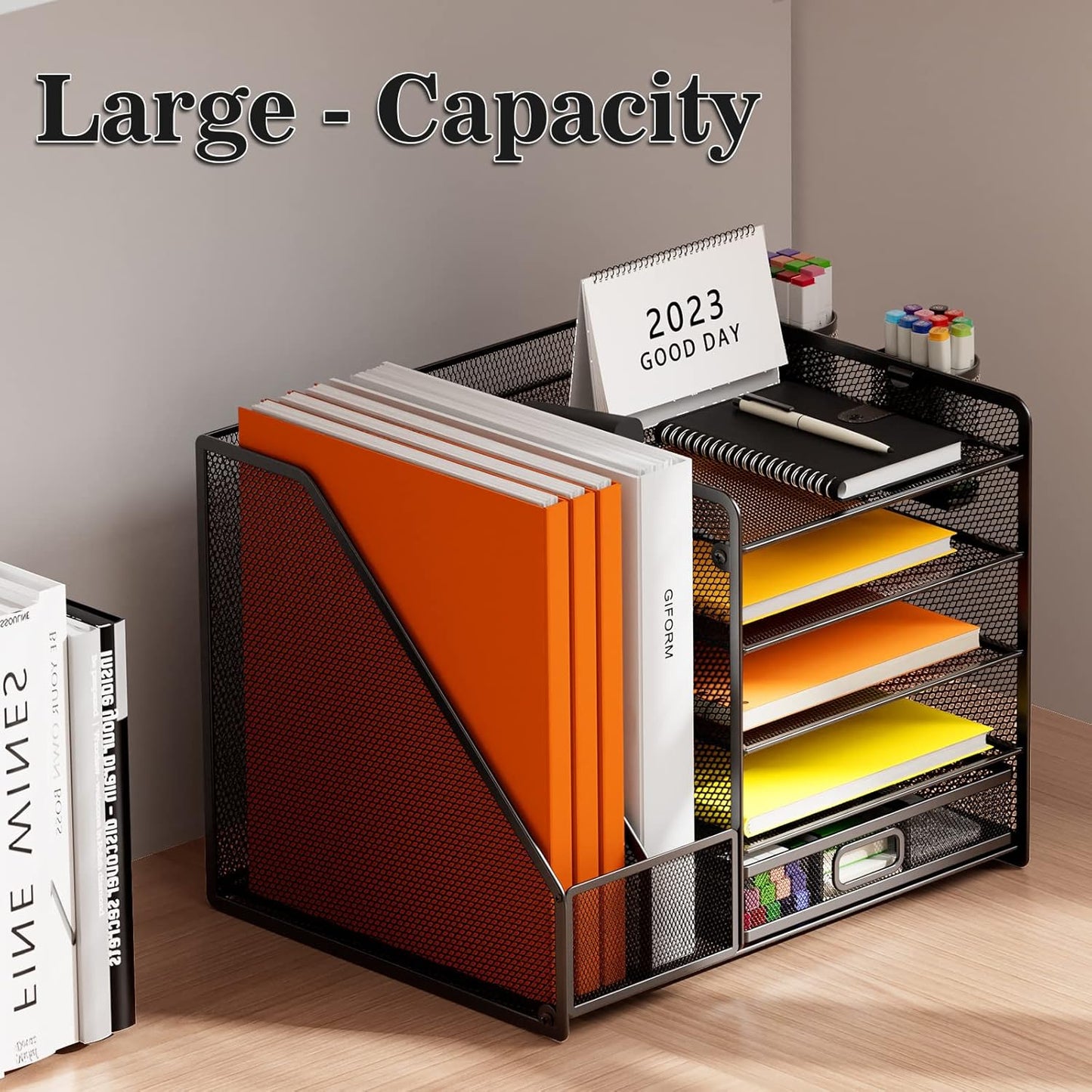 Desk Organizer with File Holder, 5-Tier Paper Organizer with Drawer and 2 Pen Holders