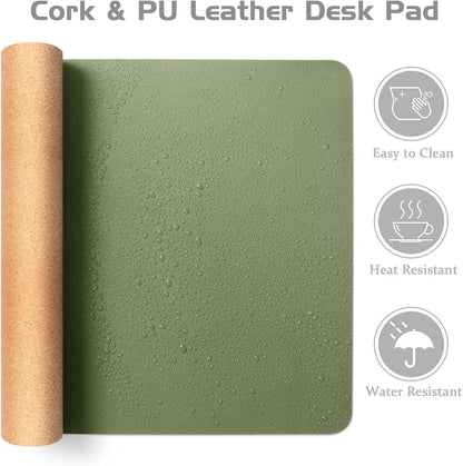 Cork Desk Mat, Reversible Desk Pad with Natural Cork & PU Leather, Mouse Pad/Table Protector Green